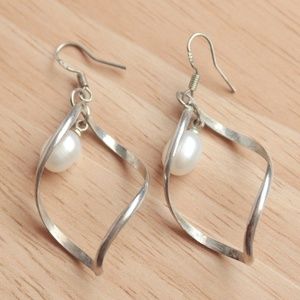 925 Silver Earrings Faux Pearl Drop Free Form Swirl Curve Modern Earrings